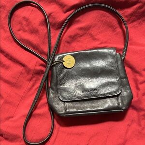 Nine West Black Leather Mini Crossbody Bag with Gold Charm
